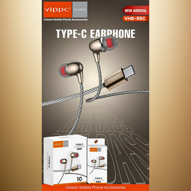 Vippo Type-C earphone packaging with earphones and box on a gold and gray background